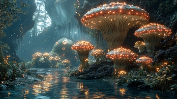 发光蘑菇洞穴溪流