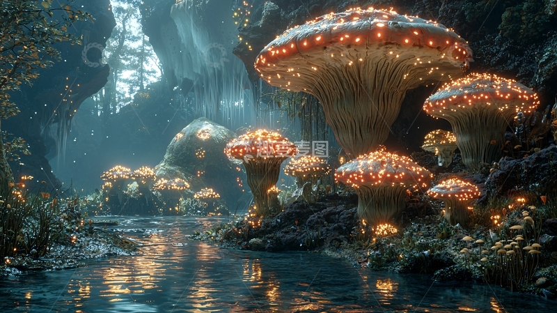 高清大图下载【趣麦麦图】发光蘑菇洞穴溪流