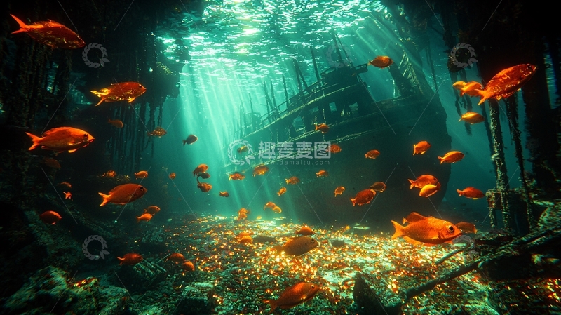 高清大图下载【趣麦麦图】沉船海底鱼群阳光