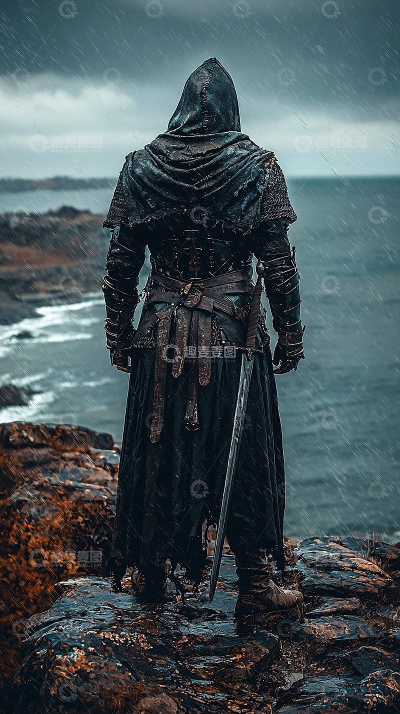 高清大图下载【趣麦麦图】雨中海岸线上的黑衣武士
