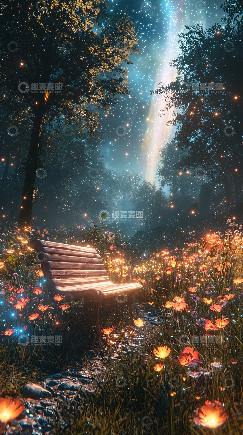 高清大图下载【趣麦麦图】梦幻星空下的长椅
