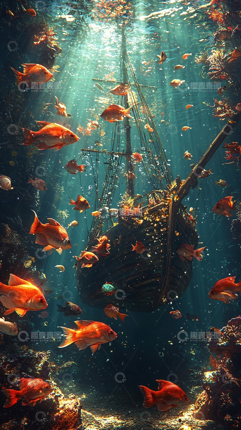 高清大图下载【趣麦麦图】深海沉船与红鱼群