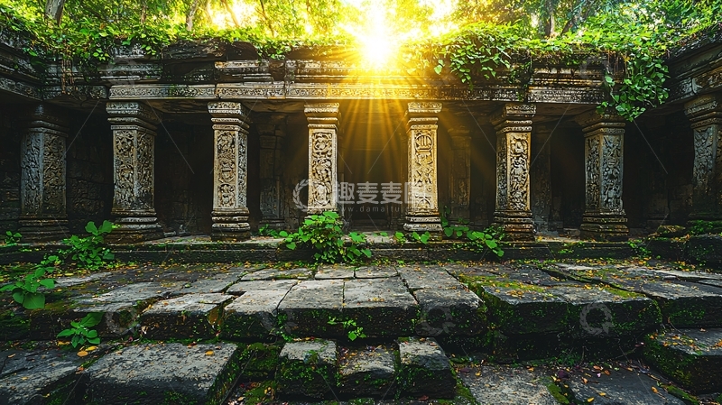 高清大图下载【趣麦麦图】阳光穿过丛林古迹