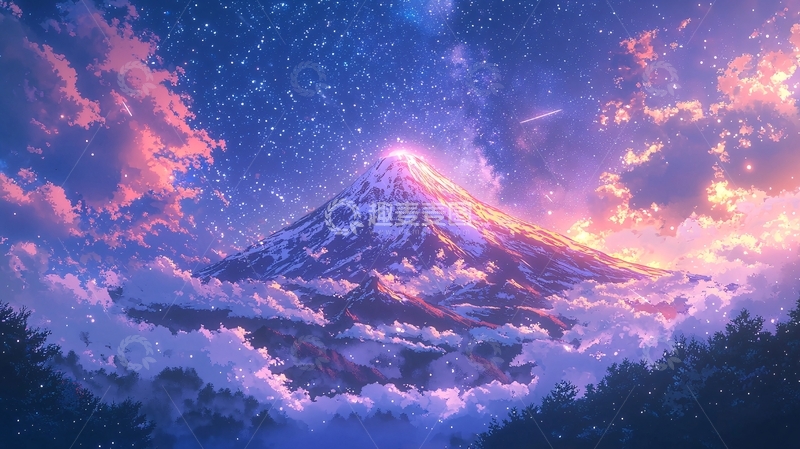 高清大图下载【趣麦麦图】梦幻富士山星空