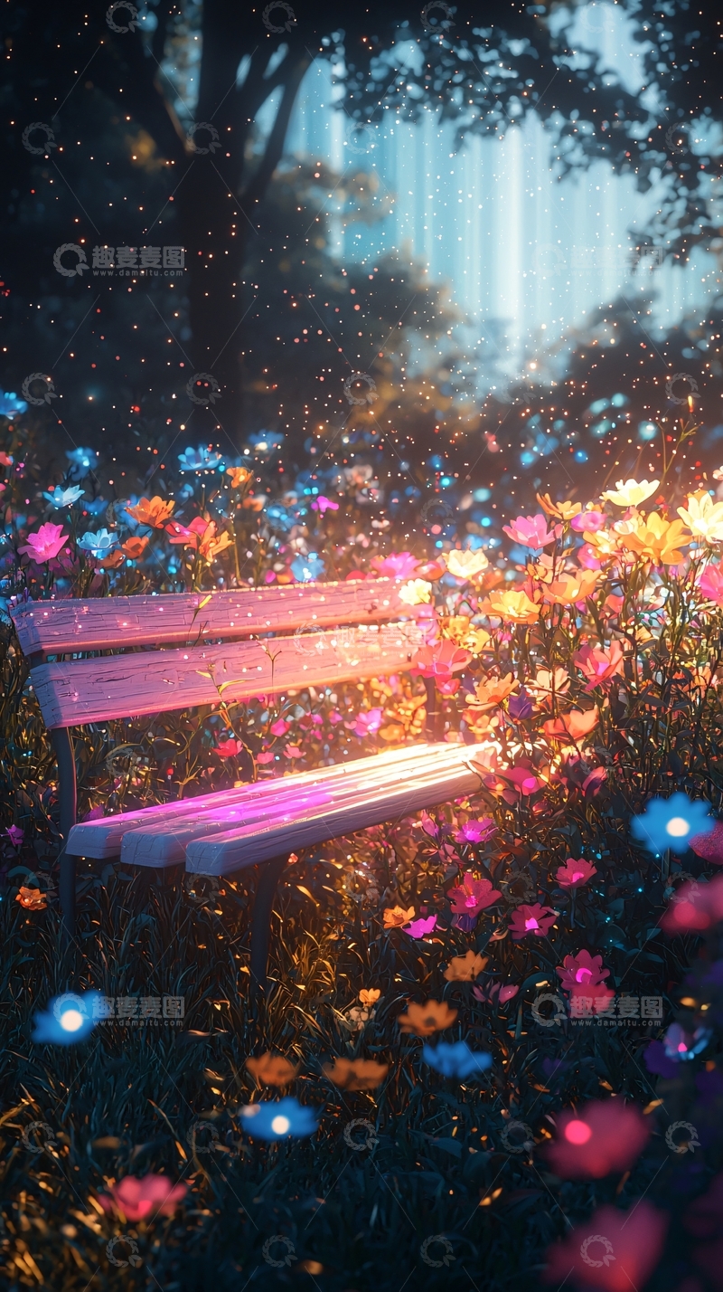 高清大图下载【趣麦麦图】梦幻花海长椅