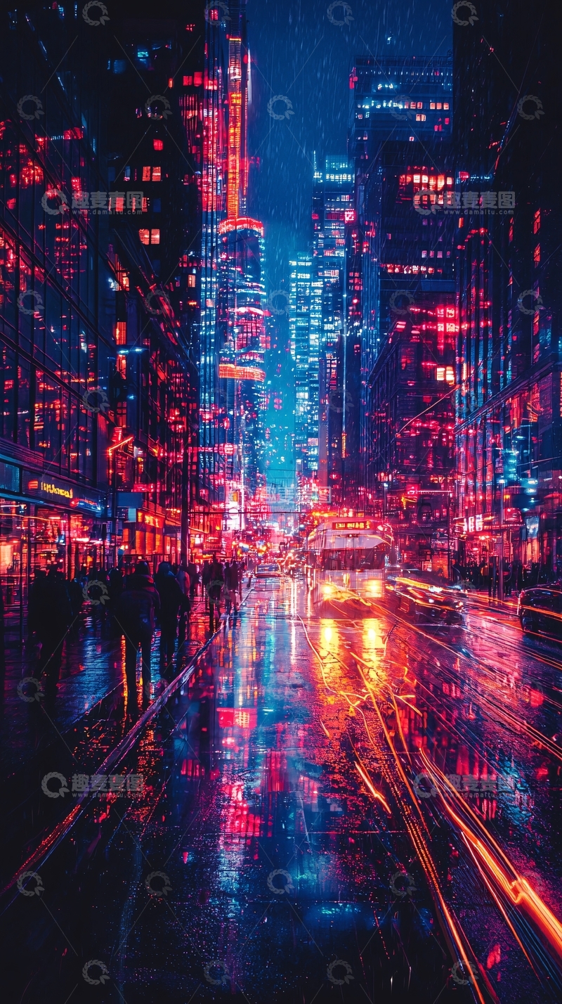 高清大图下载【趣麦麦图】雨夜霓虹灯下的城市街道