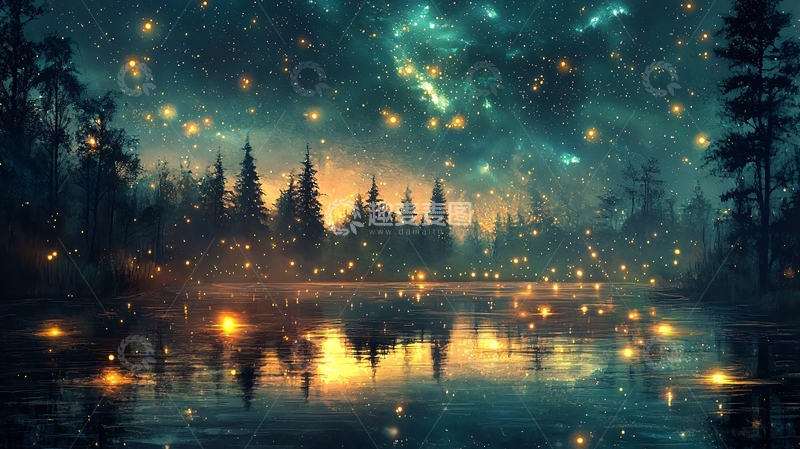 高清大图下载【趣麦麦图】梦幻星空森林湖泊