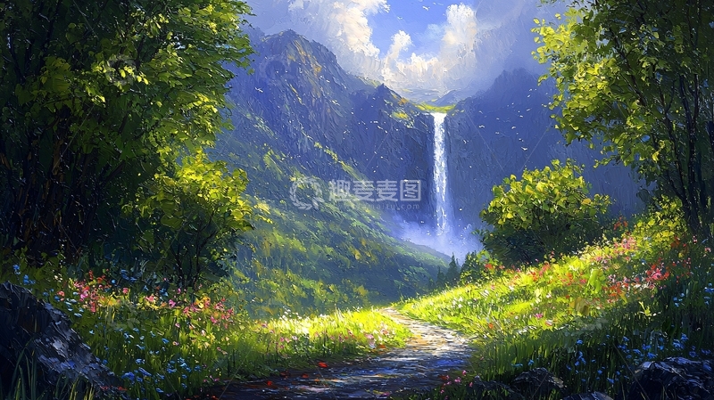 高清大图下载【趣麦麦图】山间瀑布风景画