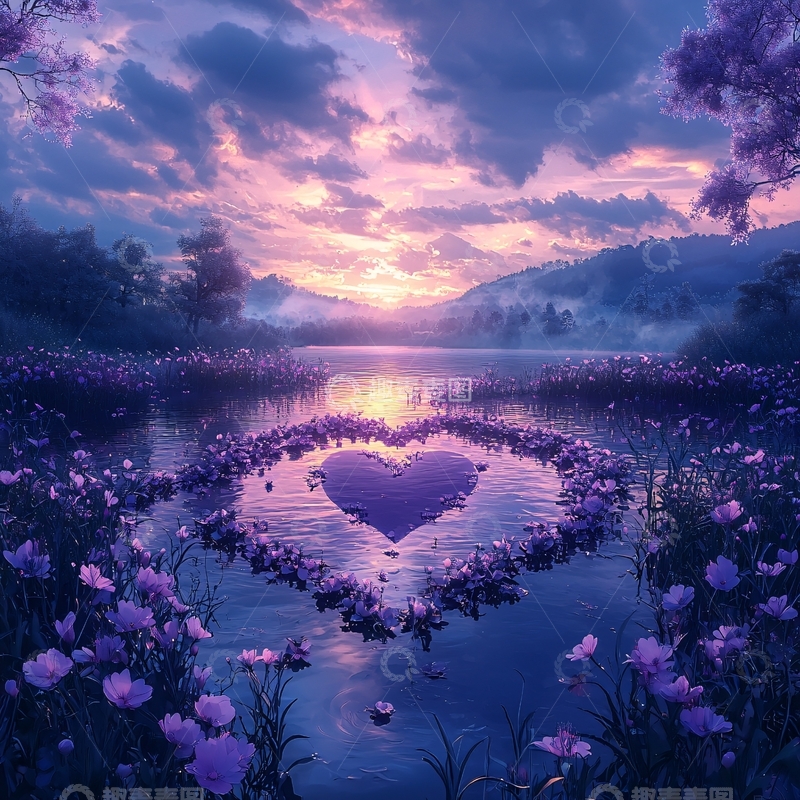 高清大图下载【趣麦麦图】梦幻紫霞爱心湖泊