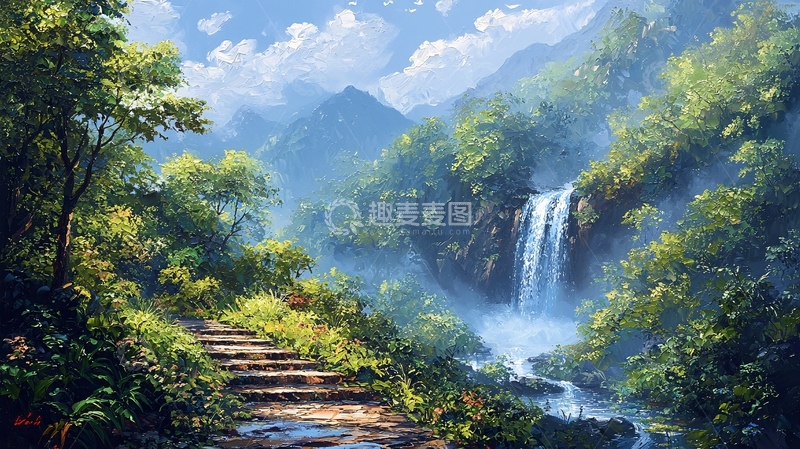 高清大图下载【趣麦麦图】山间瀑布石阶小路