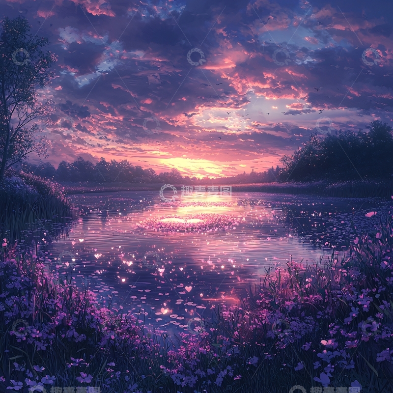 高清大图下载【趣麦麦图】梦幻紫色日落湖景