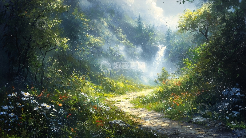 高清大图下载【趣麦麦图】森林小路瀑布风景