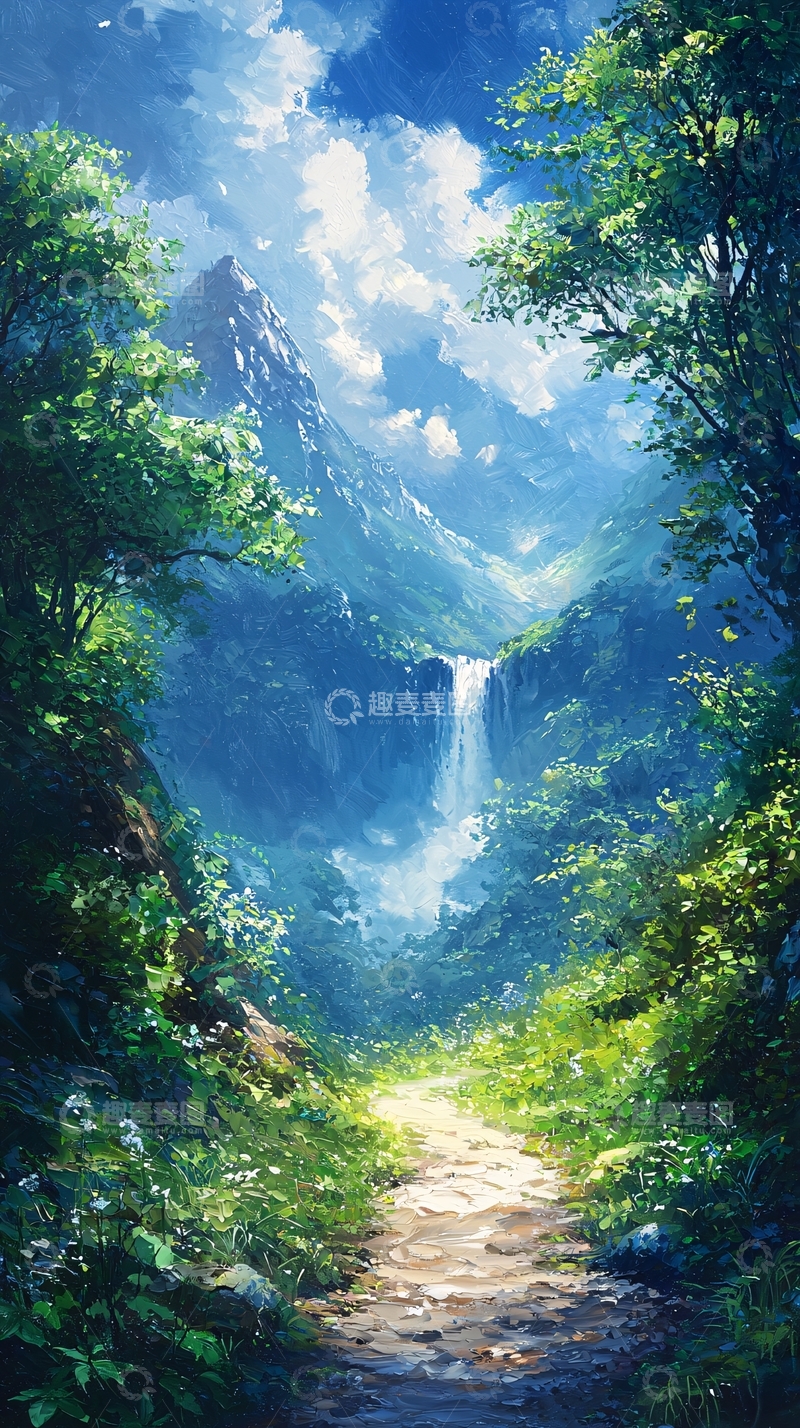 高清大图下载【趣麦麦图】山间小路瀑布风景