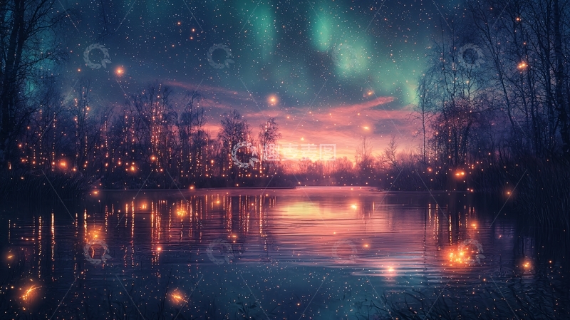 高清大图下载【趣麦麦图】极光森林湖泊夜景