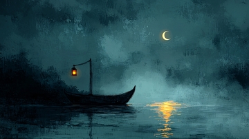 黑夜孤舟月牙灯火