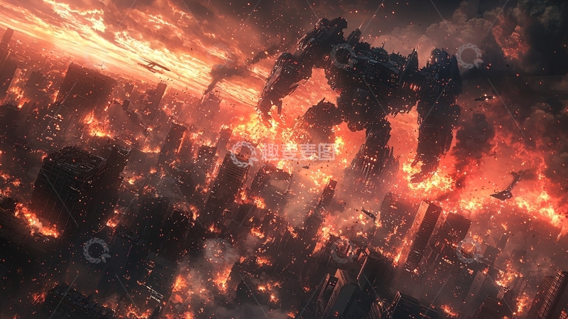 高清大图下载【趣麦麦图】燃烧的城市巨型机器人