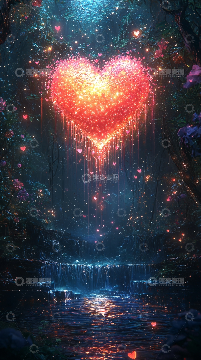高清大图下载【趣麦麦图】心形光芒森林瀑布