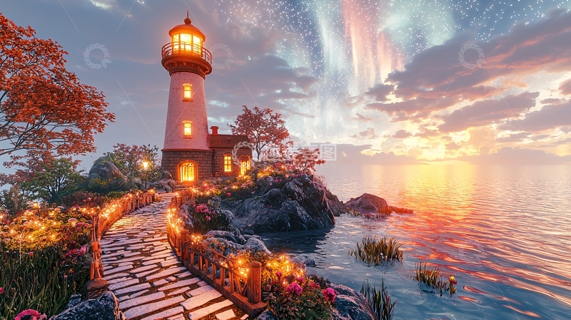高清大图下载【趣麦麦图】灯塔日落海景
