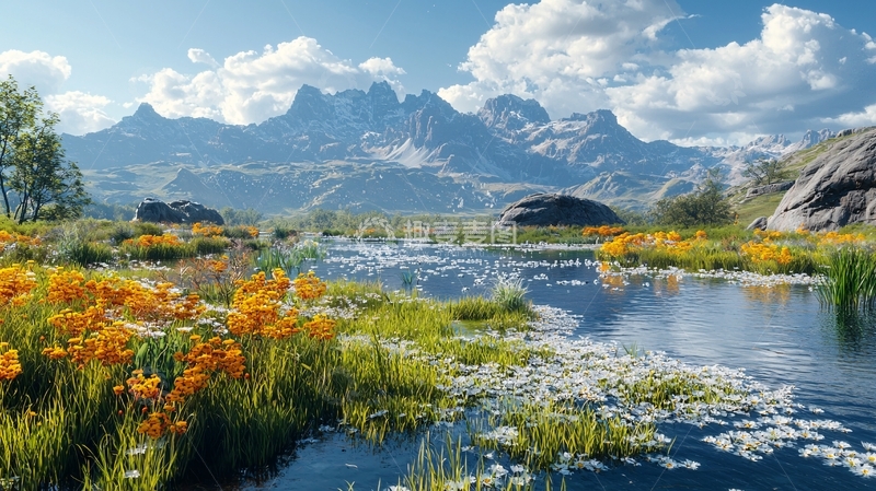 高清大图下载【趣麦麦图】山间溪流野花盛开