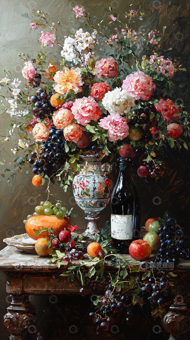 高清大图下载【趣麦麦图】静物油画花卉水果酒瓶