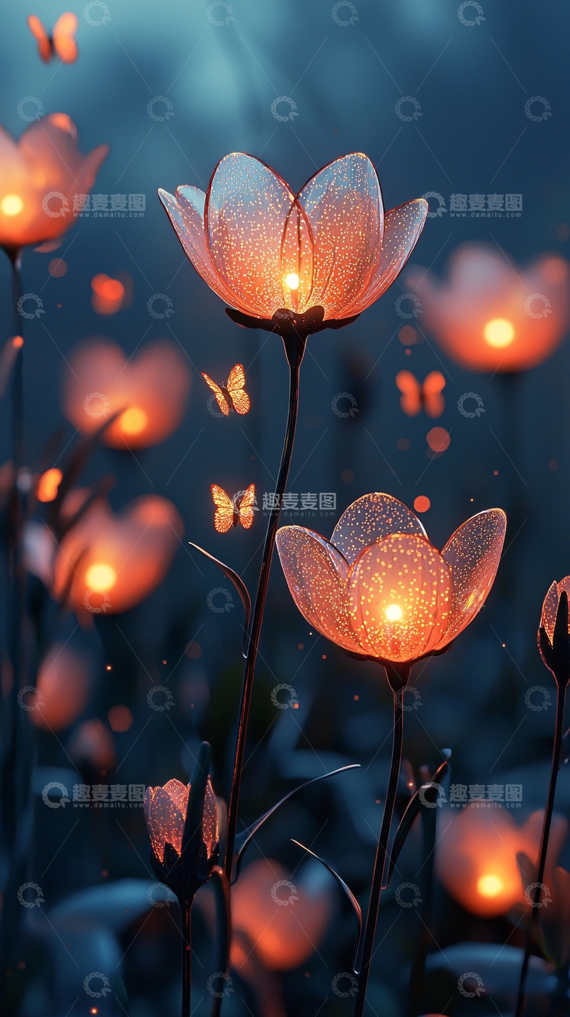 高清大图下载【趣麦麦图】发光的花朵和飞舞的蝴蝶