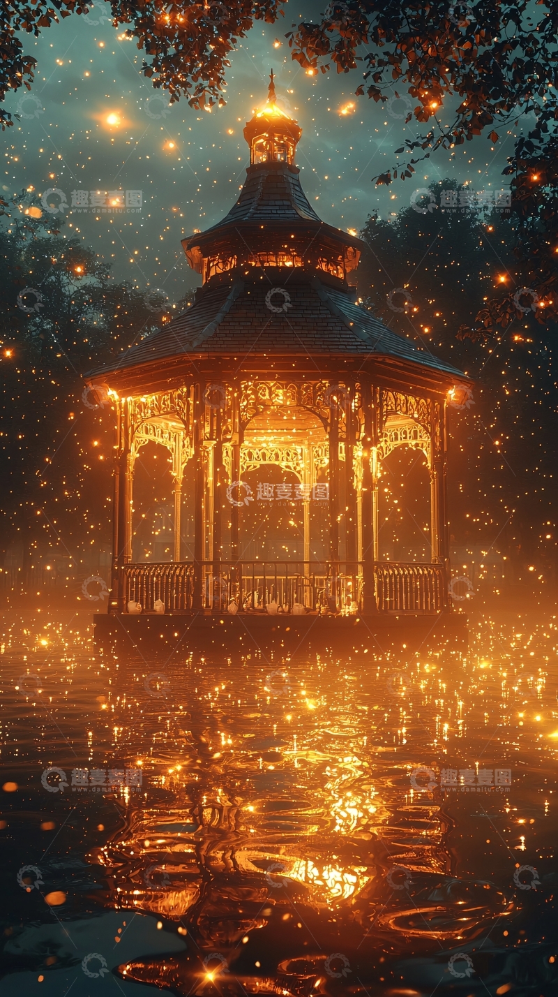 高清大图下载【趣麦麦图】夜晚凉亭水面倒影