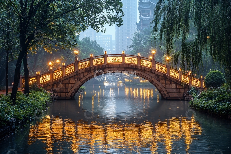 高清大图下载【趣麦麦图】雨夜古桥