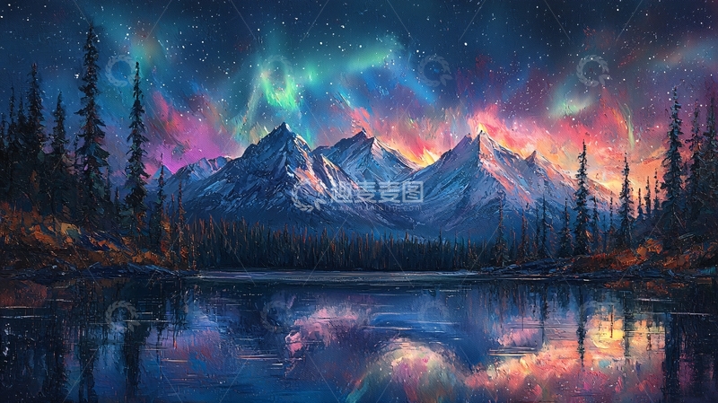 高清大图下载【趣麦麦图】极光山脉湖泊夜景