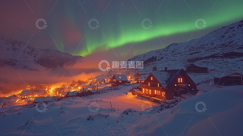 高清大图下载【趣麦麦图】极光下的雪山小屋