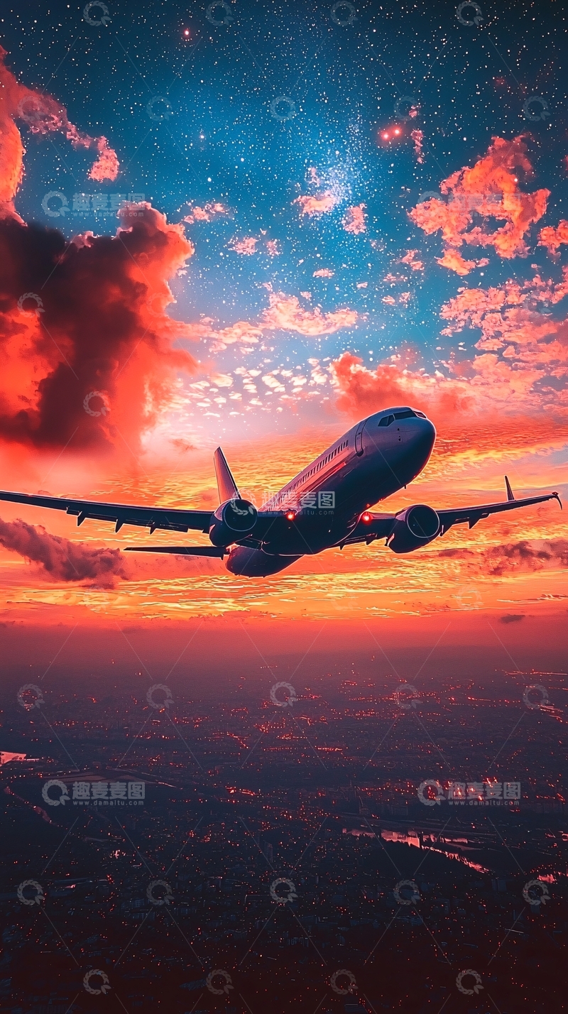 高清大图下载【趣麦麦图】飞机夕阳晚霞星空