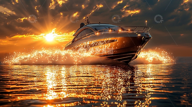 高清大图下载【趣麦麦图】日落余晖下豪华游艇