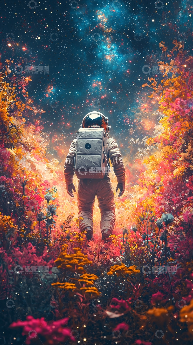 高清大图下载【趣麦麦图】宇航员漫步奇幻星系花园