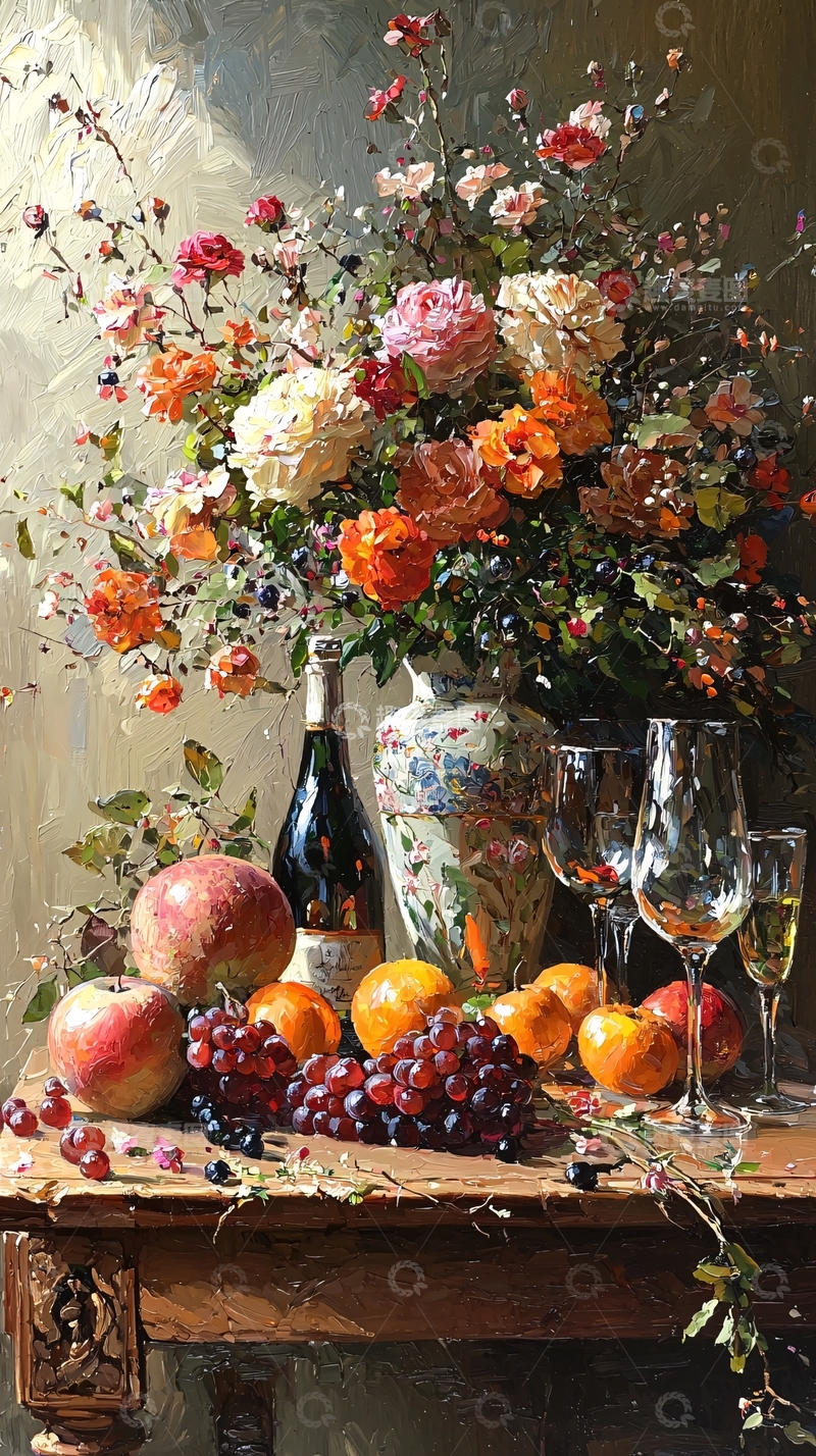 高清大图下载【趣麦麦图】阳光下静物花卉酒瓶水果