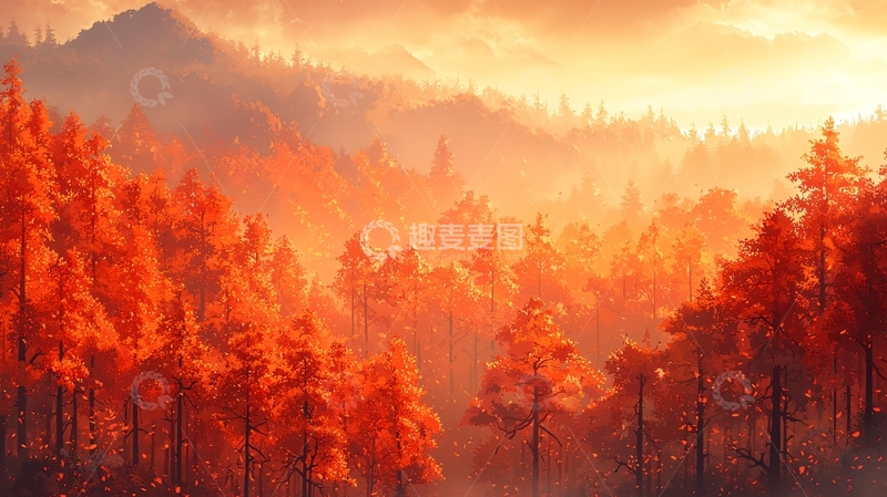 高清大图下载【趣麦麦图】日出山林红叶景色