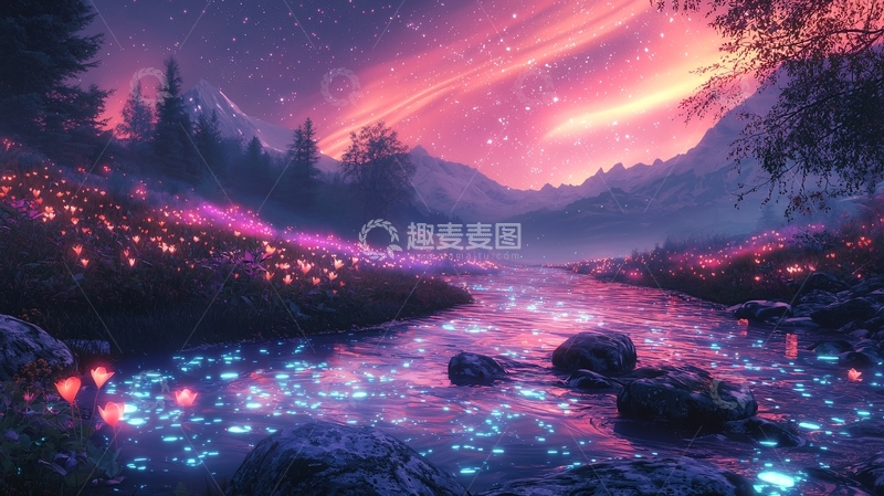高清大图下载【趣麦麦图】梦幻星空下的河流