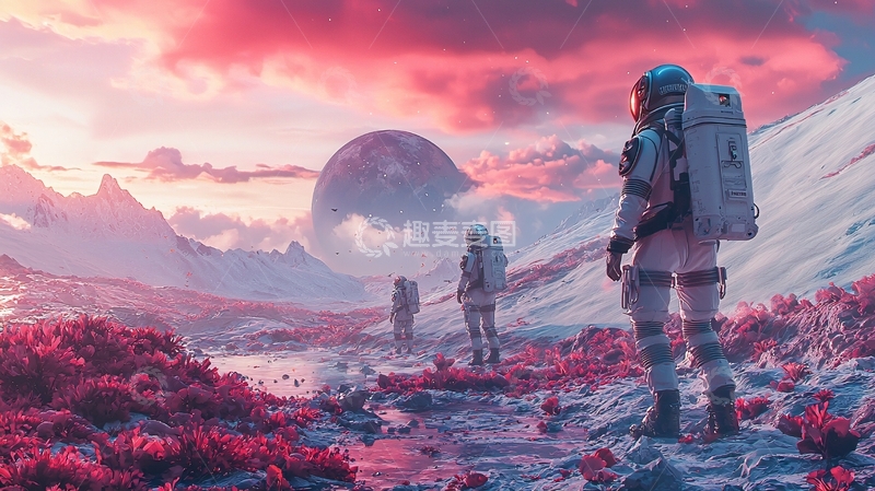 高清大图下载【趣麦麦图】太空宇航员粉色星球
