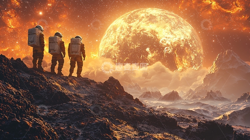 高清大图下载【趣麦麦图】宇航员眺望燃烧星球
