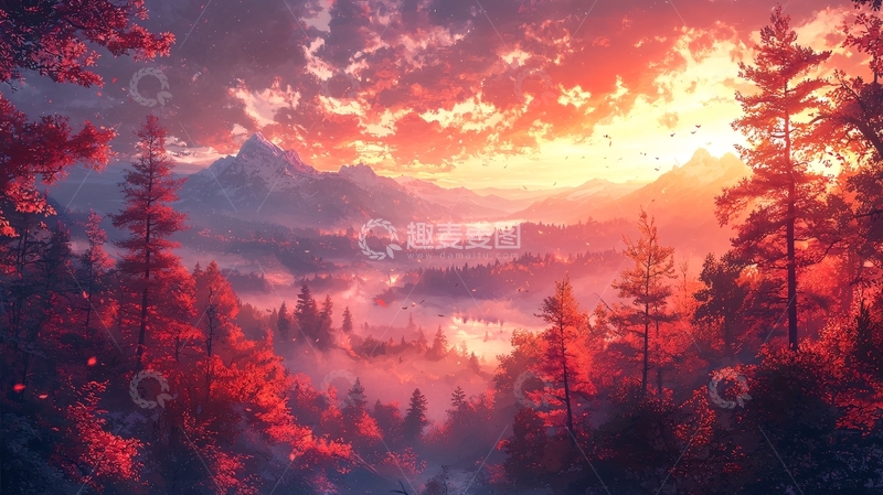 高清大图下载【趣麦麦图】壮丽日落下的山林美景