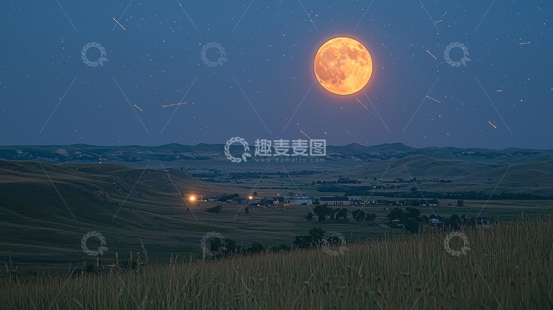 高清大图下载【趣麦麦图】橙色月亮下的乡村夜景