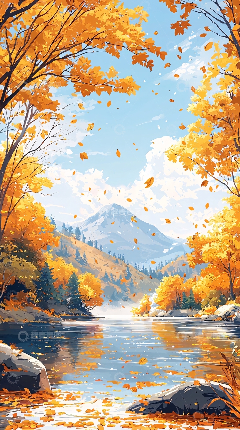 高清大图下载【趣麦麦图】秋日山景河流落叶