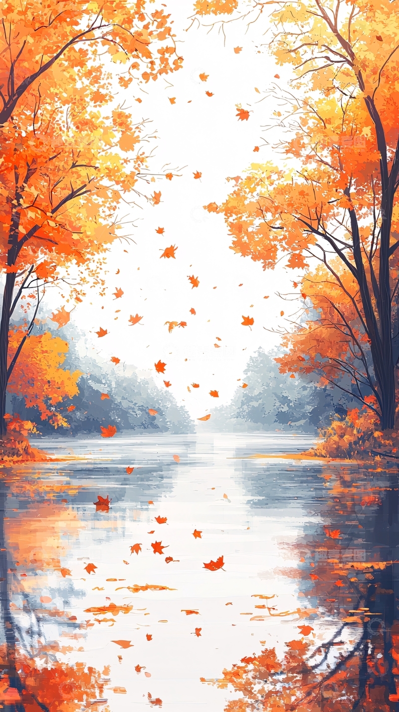 高清大图下载【趣麦麦图】秋日湖畔落叶纷飞唯美意境