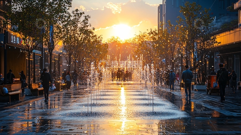 高清大图下载【趣麦麦图】夕阳西下城市街道喷泉