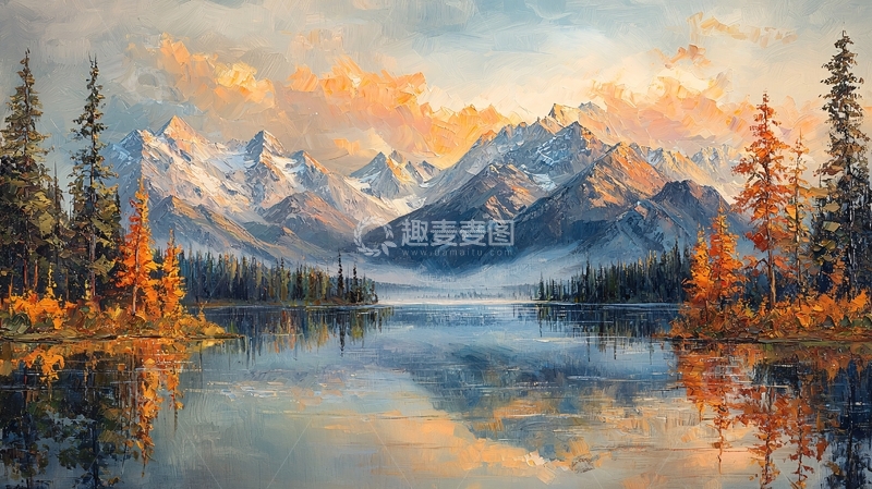 高清大图下载【趣麦麦图】山峰湖泊秋色日落