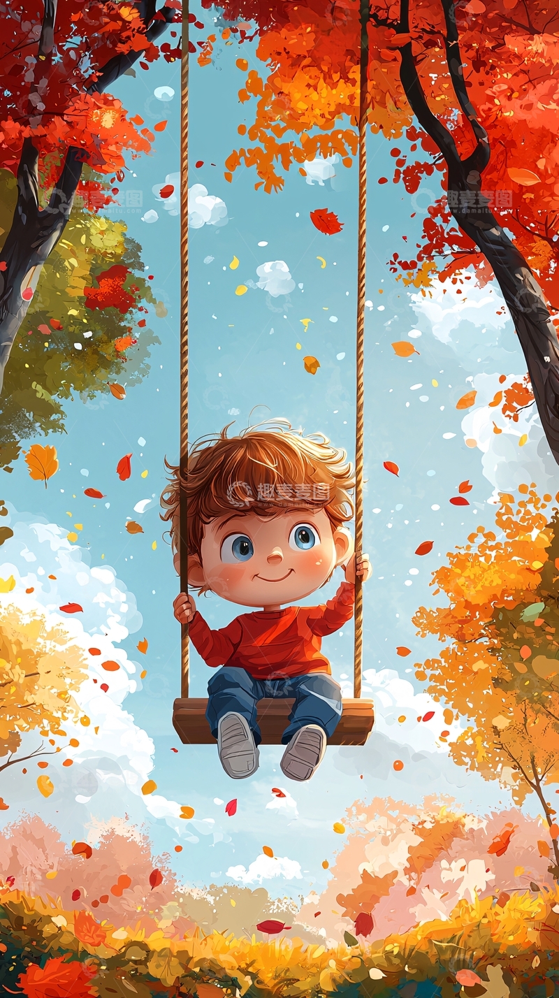高清大图下载【趣麦麦图】秋日秋千上的可爱男孩