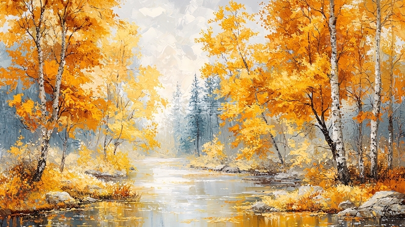 高清大图下载【趣麦麦图】秋日森林河流风景画