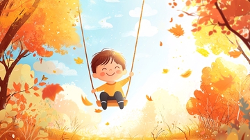 秋日荡秋千的快乐男孩