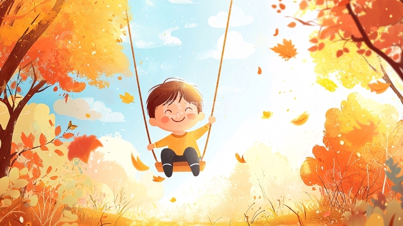 高清大图下载【趣麦麦图】秋日荡秋千的快乐男孩