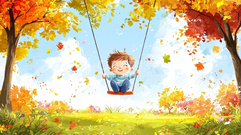 高清大图下载【趣麦麦图】秋日秋千上的快乐男孩