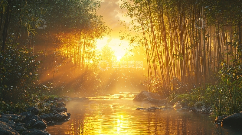 高清大图下载【趣麦麦图】清晨森林溪流日出