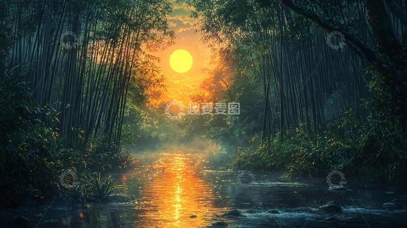 高清大图下载【趣麦麦图】森林日出河流